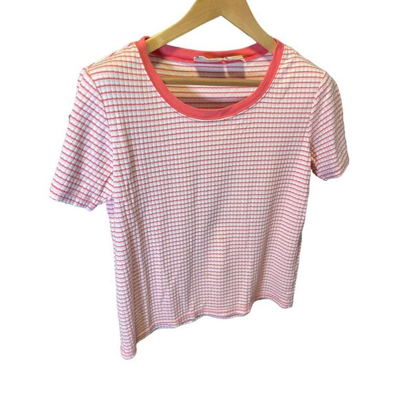 Basic Editions Pink Check Pattern Short Sleeve Scoop Neck Top SZ Medium - Picture 3 of 6